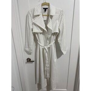 Forever 21 White Pinstripe‎ Trench coat Maxi Belted Blazer Style Size S